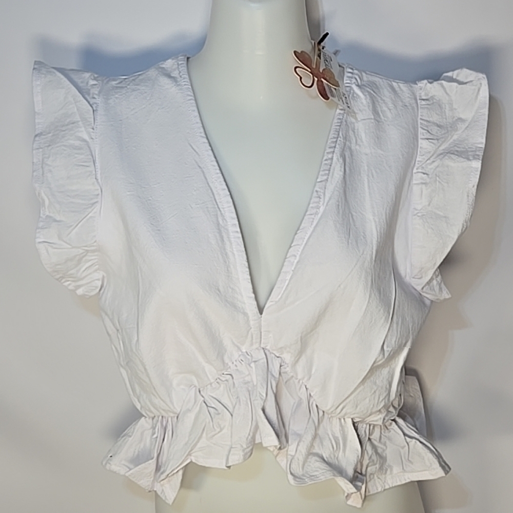 Fancyinn White Ruffled Wrap Blouse with Cap Sleeves